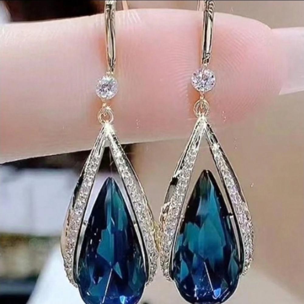 Dainty Blue and Gold Rhinestone Statement Earrings | Everyday Gift Idea